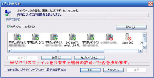 Windows Media Player 11のライブラリーファイルを共有できる機器の設定画面例